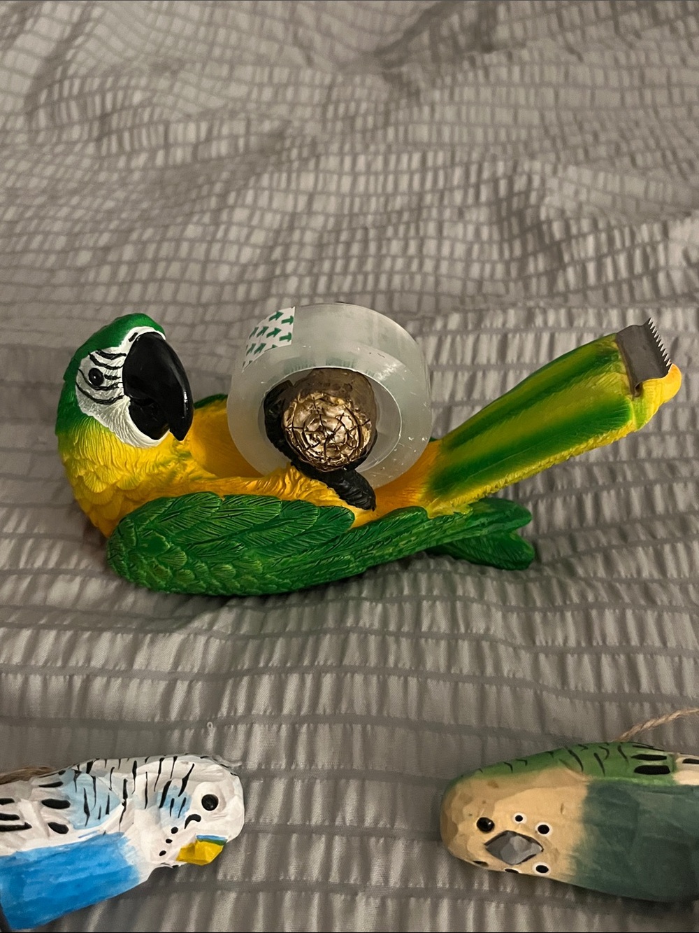 Ceramic Parrot Tape Dispenser & 4 Wooden Hanging Bird Ornaments Gift Set